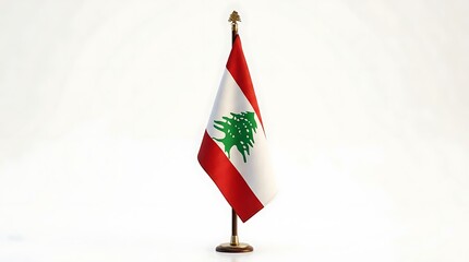 Fototapeta premium Lebanon National Flag on Small Desk Flagpole Standing Isolated on White Background for Decoration