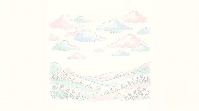 Soft Pastel Watercolor Illustration of Rolling Hills with Wildflowers and Fluffy Clouds Background