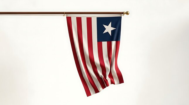 National Flag of Liberia Hanging Vertically on a Wooden Pole Isolated on Plain White Background