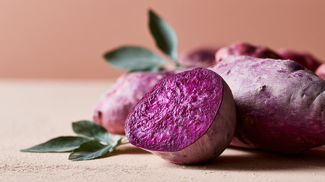 Fresh Ube Purple Yam Whole and Halved with Green Leaves on Beige Background
