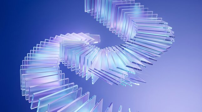 Abstract digital background featuring a swirling spiral of translucent glass panels in blue light