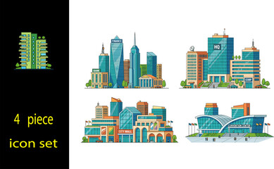 Fototapeta premium 4 Piece Urban Architecture Flat Icon Set with Corporate HQ, City Mall, Bank and Convention Center