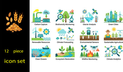 Naklejka premium 12 Piece Climate Change and Environmental Sustainability Flat Icon Set with Carbon Capture and Green Technology