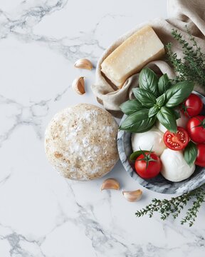 Fresh mozzarella cheese tomatoes basil garlic and cheese block on marble surface with herbs and linen cloth for healthy cooking or gourmet food display