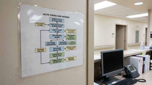Care pathway diagram printed on laminated paper mounted beside a nurses station