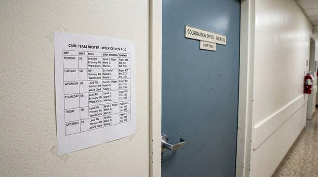 Care team roster printed and taped beside a coordination office door