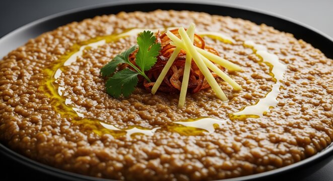 Lentil Dal served in a black bowl with ginger, cilantro and oil drizzle