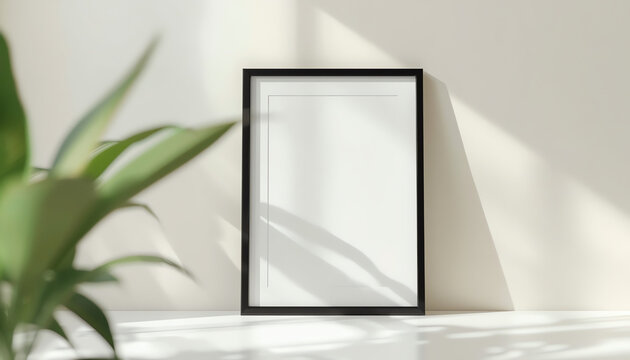 Black frame mockup for artwork and green palm tree leaves, minimal, ascetic stock styled photo