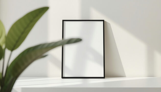 Black frame mockup for artwork and green palm tree leaves, minimal, ascetic stock styled photo