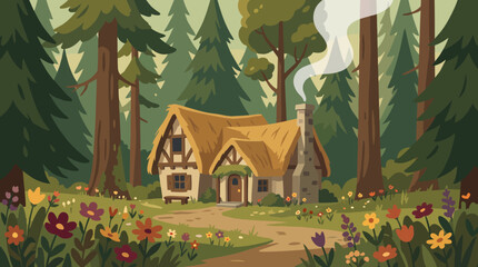 Cottage with a thatched roof sits peacefully in a lush forest clearing surrounded by blooming wildflowers. © Gunawan