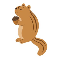 Obraz premium Cute cute chipmunk standing and holding acorn nut vector illustration, cute cartoon animal for autumn concept
