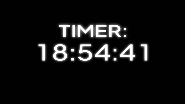 Digital timer counting down eighteen hours fifty four minutes and forty one seconds on black.