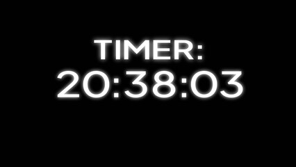 Fototapeta premium Glowing white digital timer display screen showing passing time on solid black background.