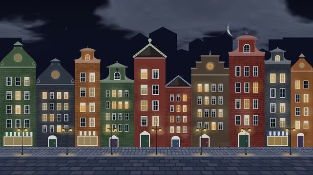 European row houses, cartoon animation of a charming town, Amsterdam style city day to night loopable time lapse