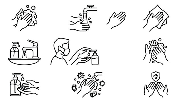 Hand washing line icons set, hygiene and sanitation vector symbols, person wearing face mask and using hand sanitizer for virus prevention