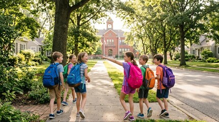 Obraz premium Happy group of school children with colorful backpacks walking together along a beautiful tree-lined suburban sidewalk in bright morning sunlight, with a red brick school building in the distance