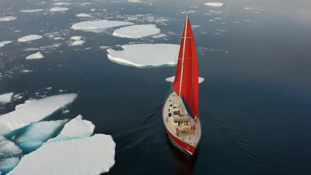 Red sailboat sailing near icebergs in deep blue Arctic waters