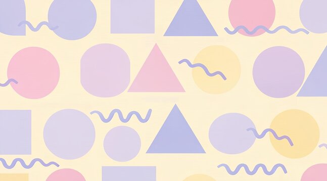 Pastel geometric pattern background with retro memphis style shapes like circles, triangles, squares, and wavy lines