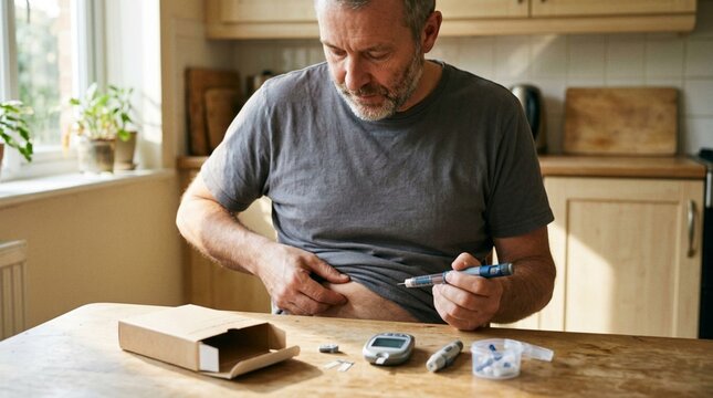 Middle aged man with diabetes injecting insulin at home kitchen table managing blood sugar levels with glucometer meter test strips and medication during daily routine in natural sunlight
