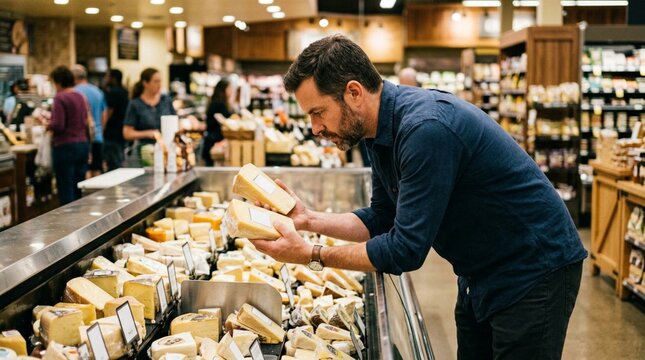A focused bearded man in a casual blue shirt leans over a refrigerated deli counter in a busy grocery store, carefully inspecting two large wedges of cheese before making a purchase decision for his