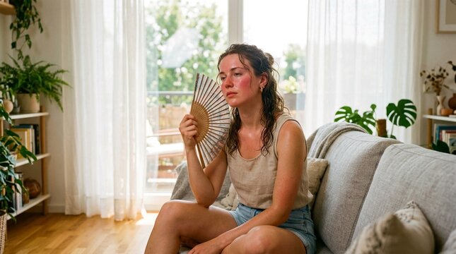 Serene Young Woman With Damp Hair Cooling Herself With Woven Bamboo Fan While Relaxing on Gray Sofa in Sunlit Modern Living Room With Indoor Plants and Minimalist Scandinavian Interior Design