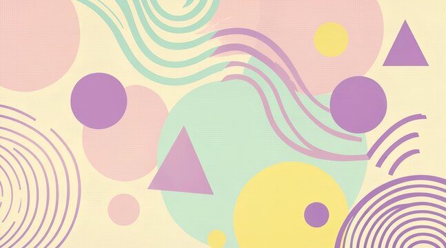 Vibrant abstract geometric pattern background with diverse shapes and wavy lines in playful pastel colors, creating a dynamic and cheerful design