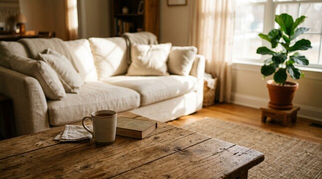 Serene morning scene with warm coffee mug and open books on rustic wooden table, soft cream linen sofa with cushions in cozy sunlit living room with natural light streaming through windows