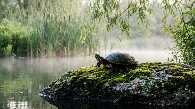 Small freshwater turtle with glossy dark shell resting on moss-covered rock at misty pond edge, surrounded by cattails and weeping willow branches in natural wetland habitat photography