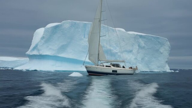 Majestic sailboat sailing near icebergs in cold polar waters