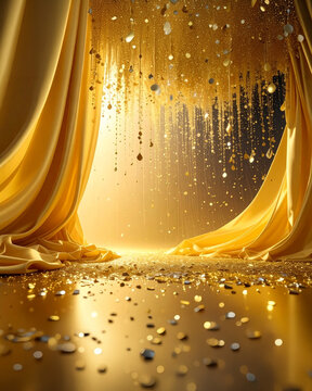 Low-angle view maximalist stage design. Gold drapery frames central light. A dense cascade of beads, crystals, and glitter falls from above. Reflective surface floor scattered with large and small gol