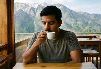 Obraz premium Young man enjoying a hot coffee or tea beverage at an outdoor cafe with a scenic mountain view, the background features a breathtaking scenic mountain landscape, a travel or vacation setting