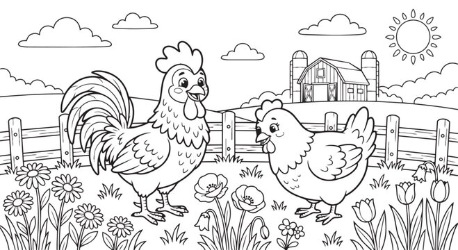 Cute cartoon rooster and hen coloring page for kids with coloring agriculture countryside children illustration