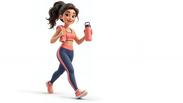 Cute 3D hydration wellness character with blank water bottle on white