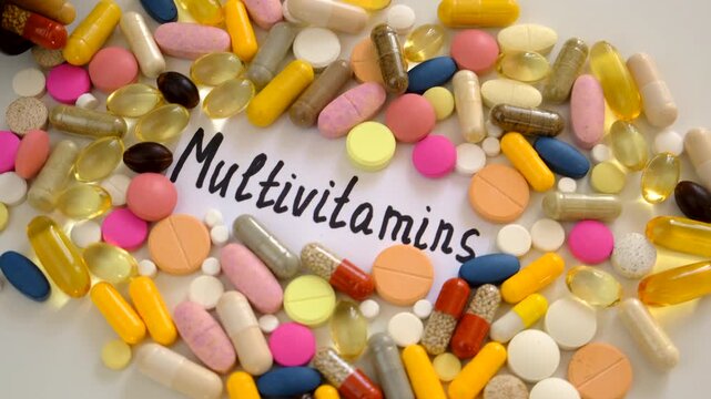 Various tablets and capsules, supplements and vitamins. Selective focus.