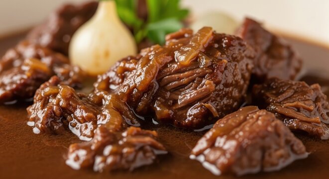 Slow cooked beef bourguignon stew with pearl onions and sauce in a bowl