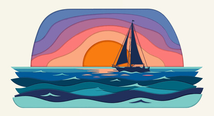 Naklejka premium Sailboat on ocean at sunset, colorful stylized illustration