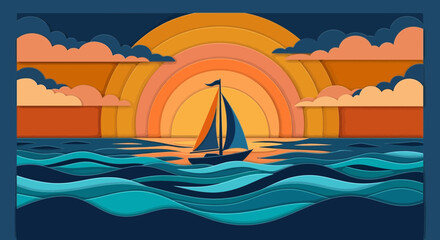 Naklejka premium Sailboat on wavy sea at sunset, stylized graphic art
