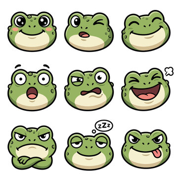 Collection of cartoon frog faces expressions.