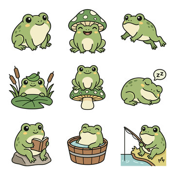 Cartoon green frogs various poses.