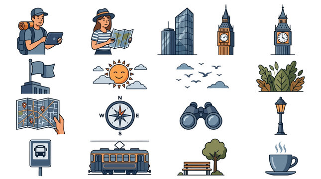 Pixel Art Travel Icons: People, Landmarks, Map, Transport, Nature