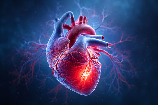 AI generated detailed human heart anatomy glowing coronary vessels cardiovascular system circulation medical science healthcare biology education concept