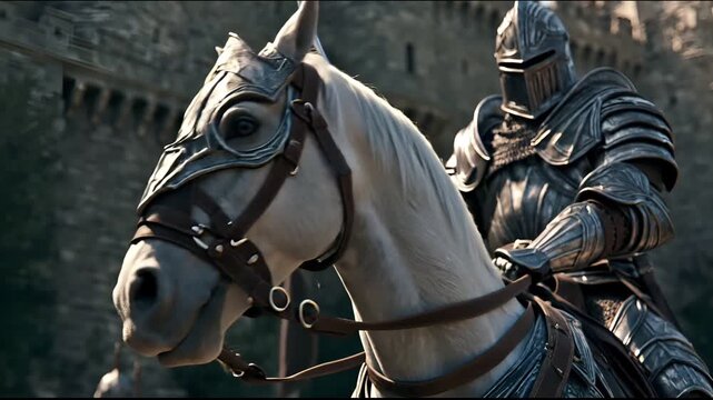 Europe medieval lifestyle. A detailed, cinematic portrayal of a medieval knight in full armor, mounted on a white horse. The knights armor is intricately designed with silver and black hues.