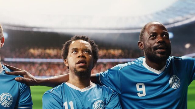 Portrait of diverse football players in blue jersey listening to national anthem during pre-match ceremony, match day opening on pitch with team in lineup, for football match content.