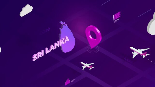 Isometric Design, Sri Lanka Map Silhouette Location Pin and Airplanes on Purple Animation, Travel Background