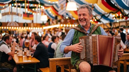 Happy man plays accordion at Oktoberfest festival with beer and crowds in traditional Bavarian attire