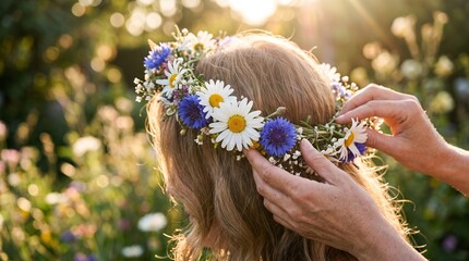 Naklejka premium Woman placing a flower crown on a childs head during a sunny summer day outdoors with bokeh background