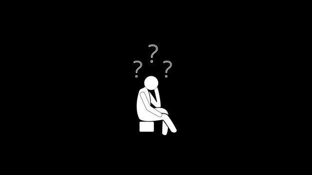 Thinking stick figure animation with question marks, pensive person concept