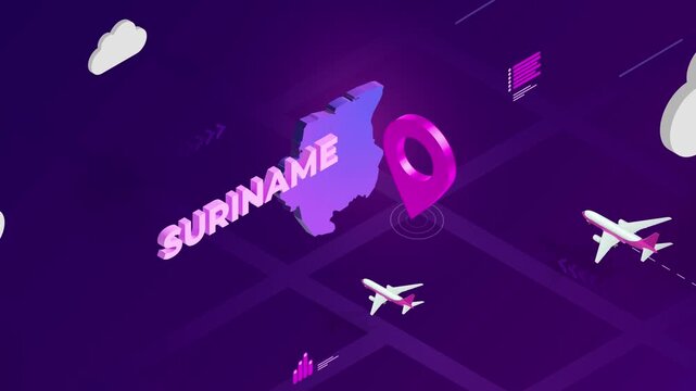 Isometric Design, Suriname Map Silhouette Location Pin and Airplanes on Purple Animation, Travel Background