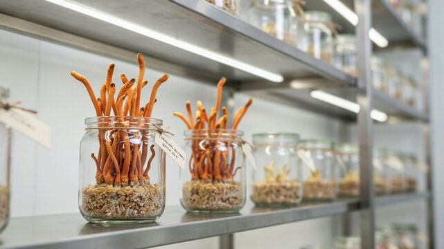 Cordyceps militaris mushrooms growing in glass jars on metal shelf