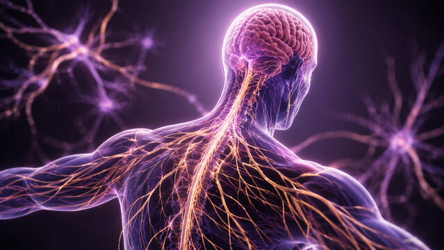 AI generated detailed 3D illustration of the human nervous system featuring brain spinal cord peripheral nerves highlighting anatomy neuroscience medical education biology